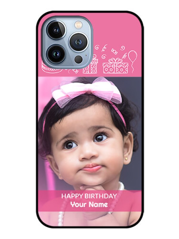 Custom iPhone 13 Pro Max Photo Printing on Glass Case - with Birthday Line Art Design