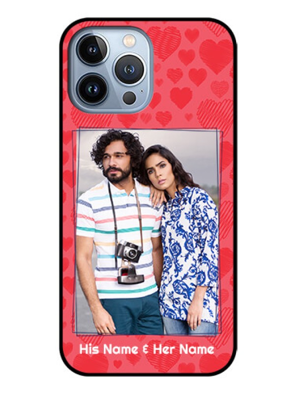 Custom iPhone 13 Pro Max Photo Printing on Glass Case - with Red Heart Symbols Design