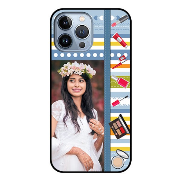 iPhone 13 Pro Max Personalized Glass Phone Case - Makeup Icons Design