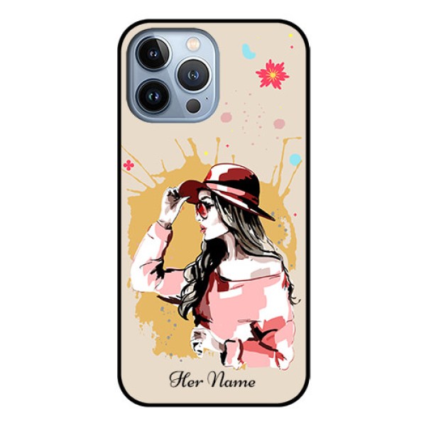 iPhone 13 Pro Max Photo Printing on Glass Case - Women with pink hat Design iPhone 13 Pro Max Photo Printing on Glass Case - Women with pink hat Design