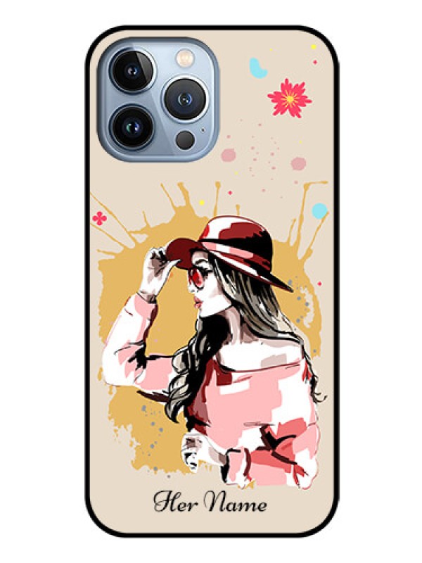 Custom iPhone 13 Pro Max Photo Printing on Glass Case - Women with pink hat Design