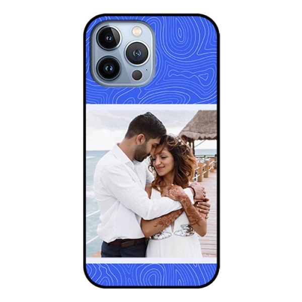 iPhone 13 Pro Max Custom Glass Mobile Case - Curved line art with blue and white Design iPhone 13 Pro Max Custom Glass Mobile Case - Curved line art with blue and white Design