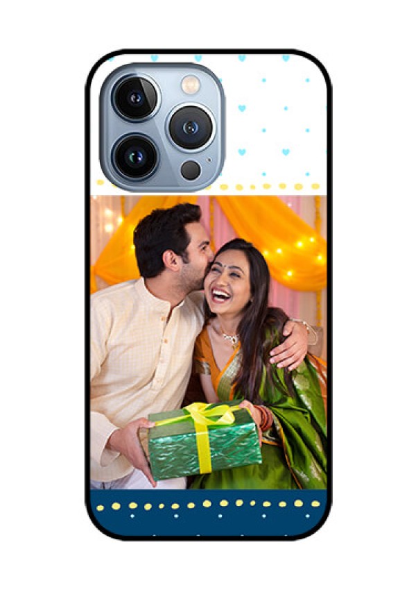 iPhone 13 Pro Personalized Glass Phone Case - White and Blue Abstract Design