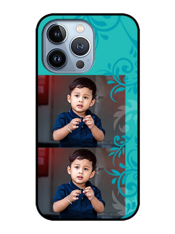 Custom iPhone 13 Pro Personalized Glass Phone Case - with Photo and Green Floral Design