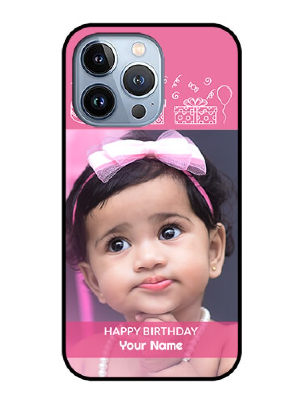Custom iPhone 13 Pro Photo Printing on Glass Case - with Birthday Line Art Design