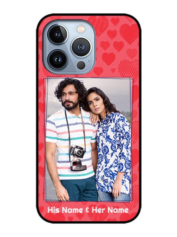 Custom iPhone 13 Pro Photo Printing on Glass Case - with Red Heart Symbols Design