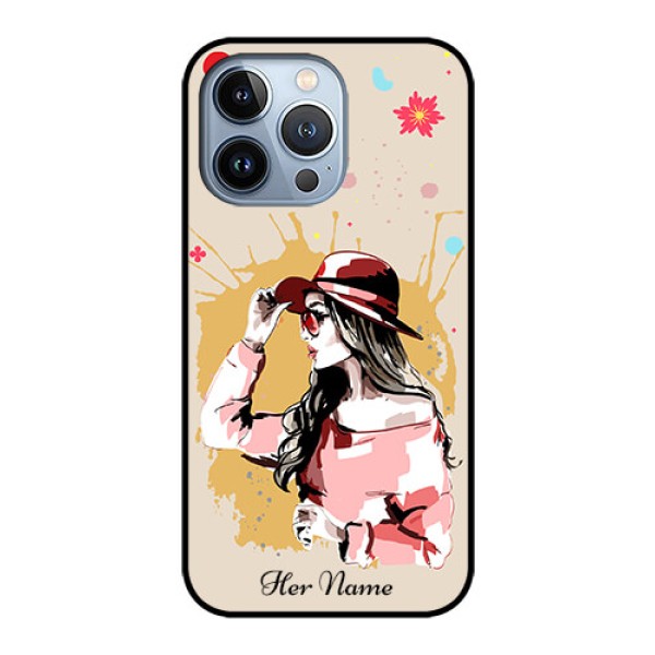 iPhone 13 Pro Photo Printing on Glass Case - Women with pink hat Design iPhone 13 Pro Photo Printing on Glass Case - Women with pink hat Design