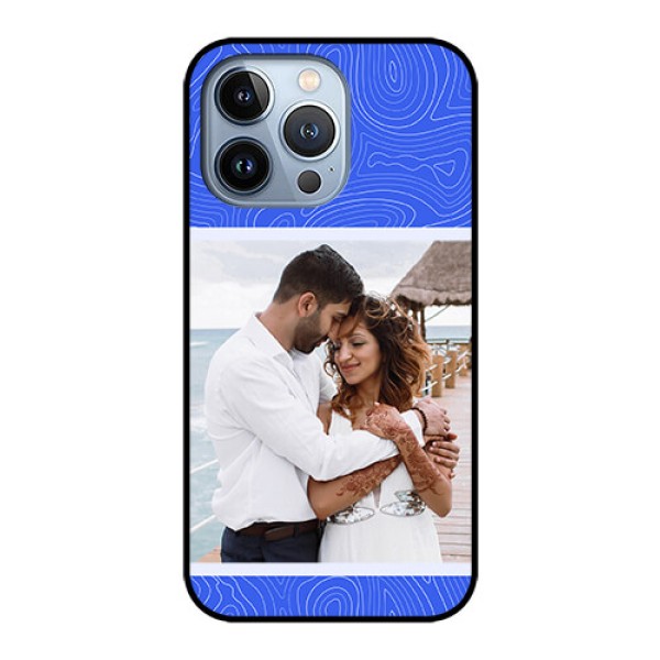 iPhone 13 Pro Custom Glass Mobile Case - Curved line art with blue and white Design iPhone 13 Pro Custom Glass Mobile Case - Curved line art with blue and white Design