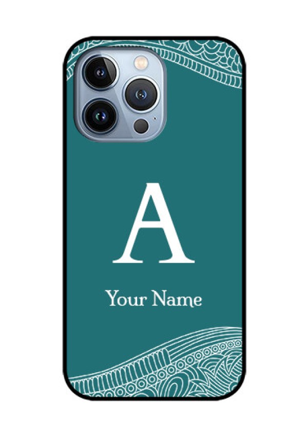 iPhone 13 Pro Personalized Glass Phone Case - line art pattern with custom name Design