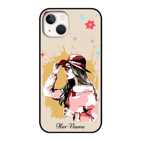 iPhone 13 Photo Printing on Glass Case - Women with pink hat Design iPhone 13 Photo Printing on Glass Case - Women with pink hat Design
