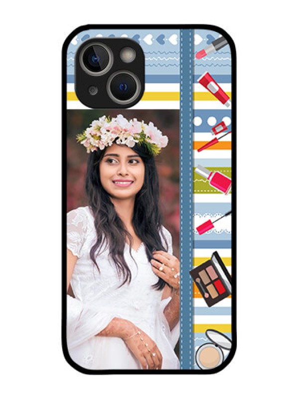 Custom iPhone 14 Plus Personalized Glass Phone Case - Makeup Icons Design