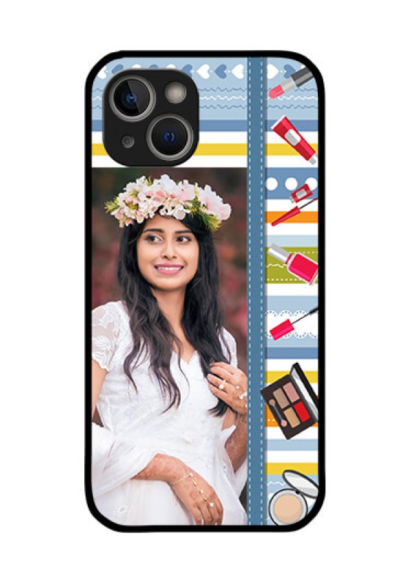 iPhone 14 Plus Personalized Glass Phone Case - Makeup Icons Design