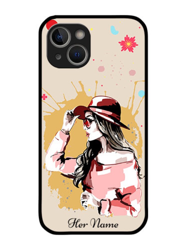 Custom iPhone 14 Plus Photo Printing on Glass Case - Women with pink hat Design