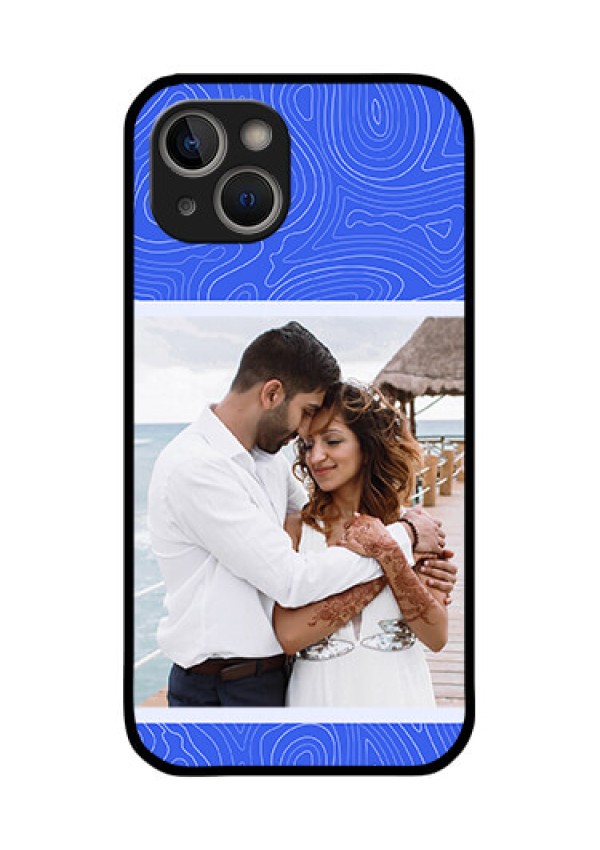 iPhone 14 Plus Custom Glass Mobile Case - Curved line art with blue and white Design