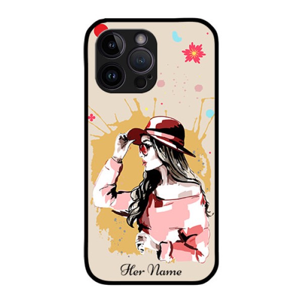 iPhone 14 Pro Max Photo Printing on Glass Case - Women with pink hat Design iPhone 14 Pro Max Photo Printing on Glass Case - Women with pink hat Design