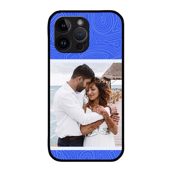 iPhone 14 Pro Max Custom Glass Mobile Case - Curved line art with blue and white Design iPhone 14 Pro Max Custom Glass Mobile Case - Curved line art with blue and white Design