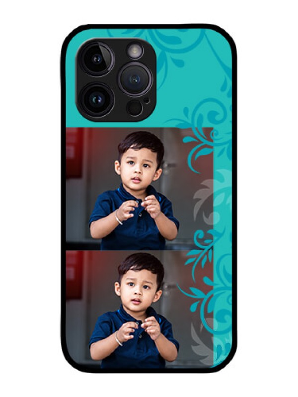 Custom iPhone 14 Pro Personalized Glass Phone Case - with Photo and Green Floral Design
