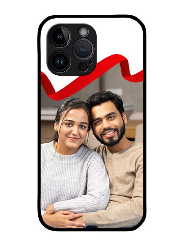 Custom iPhone 14 Pro Photo Printing on Glass Case - Red Ribbon Frame Design