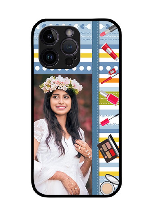 iPhone 14 Pro Personalized Glass Phone Case - Makeup Icons Design