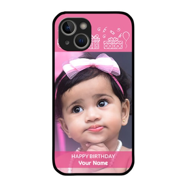 iPhone 14 Photo Printing on Glass Case - with Birthday Line Art Design iPhone 14 Photo Printing on Glass Case - with Birthday Line Art Design