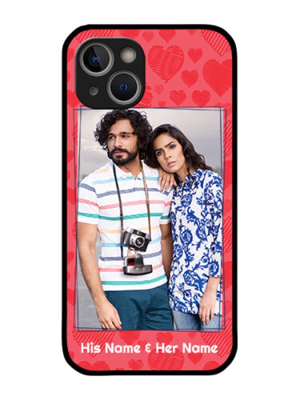 Custom iPhone 14 Photo Printing on Glass Case - with Red Heart Symbols Design