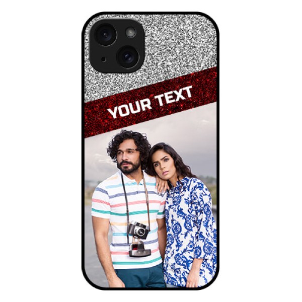 iPhone 15 Plus Custom Glass Phone Case - Image Holder With Glitter Strip Design iPhone 15 Plus Custom Glass Phone Case - Image Holder With Glitter Strip Design