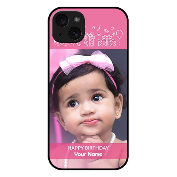 iPhone 15 Plus Custom Glass Phone Case - With Birthday Line Art Design iPhone 15 Plus Custom Glass Phone Case - With Birthday Line Art Design