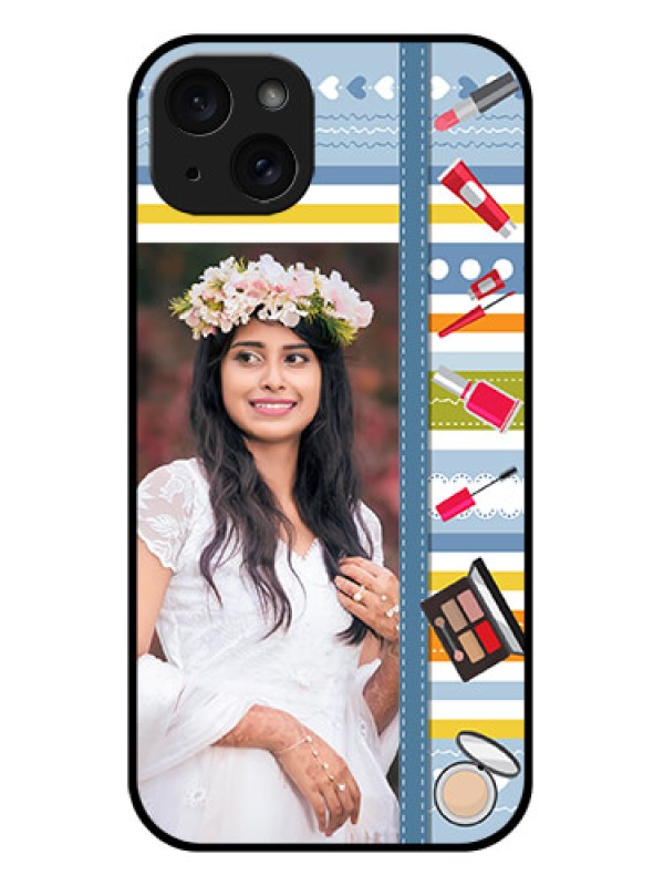 Custom iPhone 15 Plus Custom Glass Phone Case - Makeup Icons Design