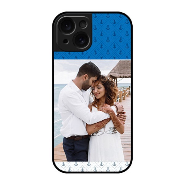 Apple iPhone 15 Custom Glass Phone Case - Blue Anchors Design Apple iPhone 15 Custom Glass Phone Case - Blue Anchors Design