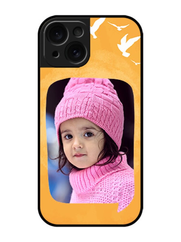 Custom Apple iPhone 15 Custom Glass Phone Case - Water Color Design With Bird Icons