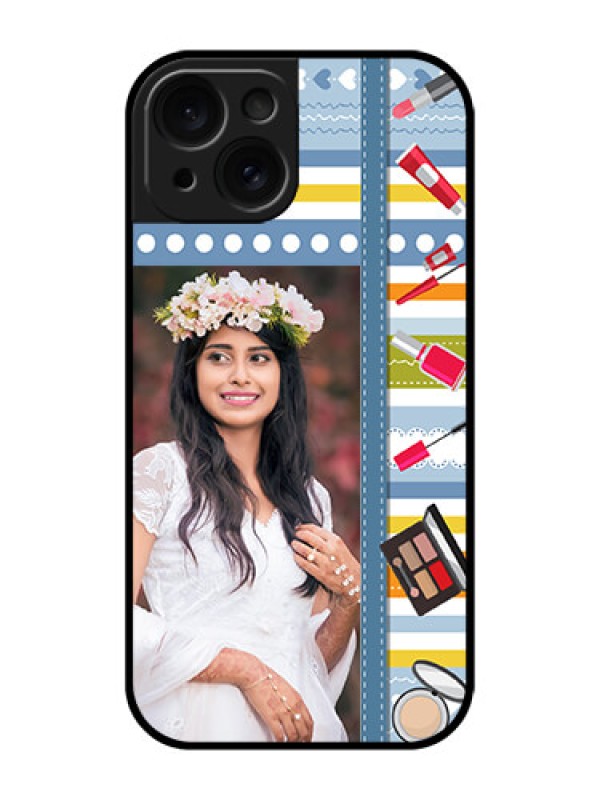 Custom Apple iPhone 15 Custom Glass Phone Case - Makeup Icons Design