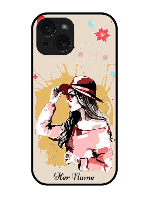 Custom Apple iPhone 15 Custom Glass Phone Case - Women With Pink Hat Design