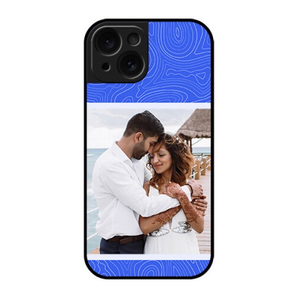 Apple iPhone 15 Custom Glass Phone Case - Curved Line Art With Blue And White Design Apple iPhone 15 Custom Glass Phone Case - Curved Line Art With Blue And White Design