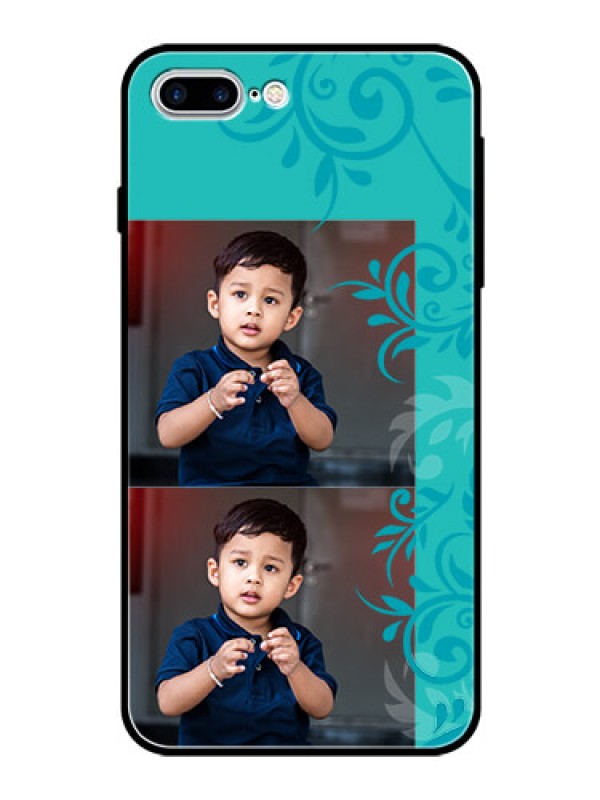 Custom Apple iPhone 8 Plus Personalized Glass Phone Case  - with Photo and Green Floral Design 