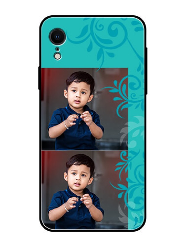 Custom Apple iPhone XR Personalized Glass Phone Case  - with Photo and Green Floral Design 