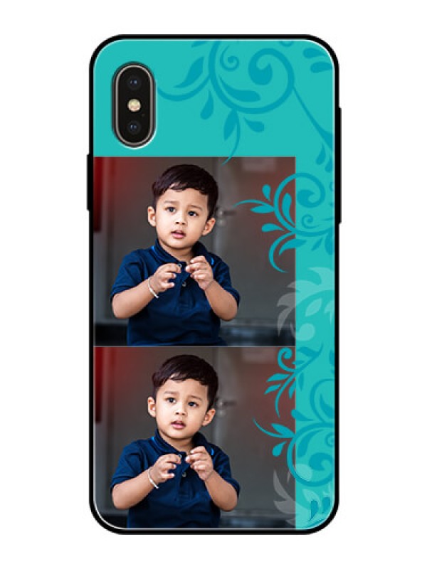 Custom iPhone XS Personalized Glass Phone Case  - with Photo and Green Floral Design 
