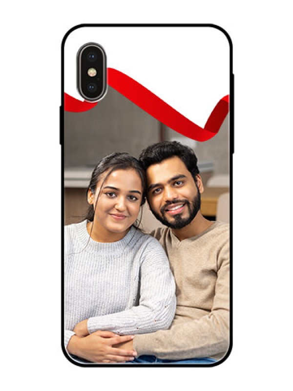 Custom iPhone XS Photo Printing on Glass Case  - Red Ribbon Frame Design