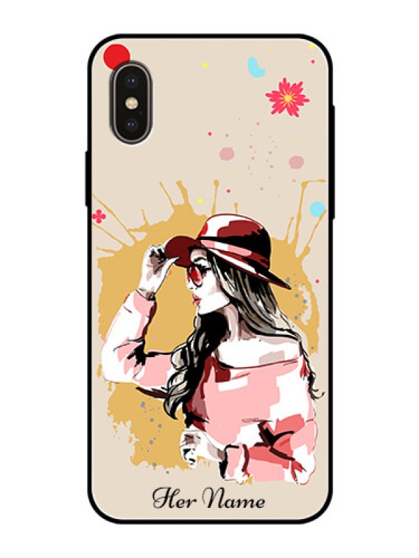 Custom iPhone Xs Photo Printing on Glass Case - Women with pink hat Design