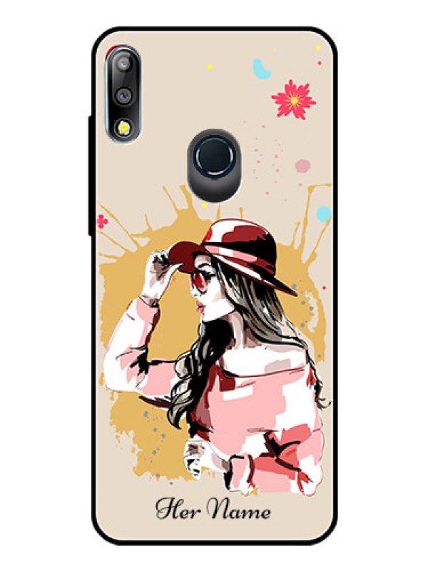Custom Zenfone Max Pro M2 Photo Printing on Glass Case - Women with pink hat Design