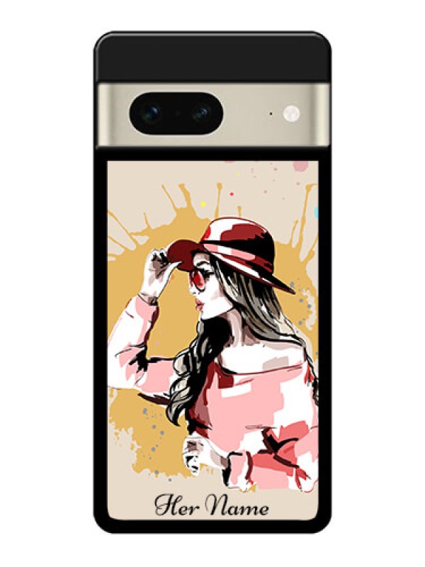 Custom Google Pixel 7 5G Custom Glass Phone Case - Women With Pink Hat Design