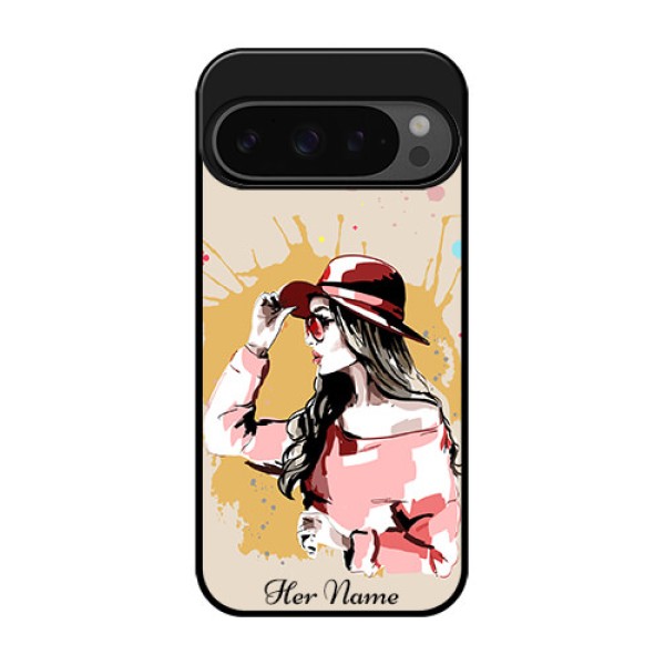 Google Pixel 9 Pro 5G Custom Glass Phone Case - Women With Pink Hat Design