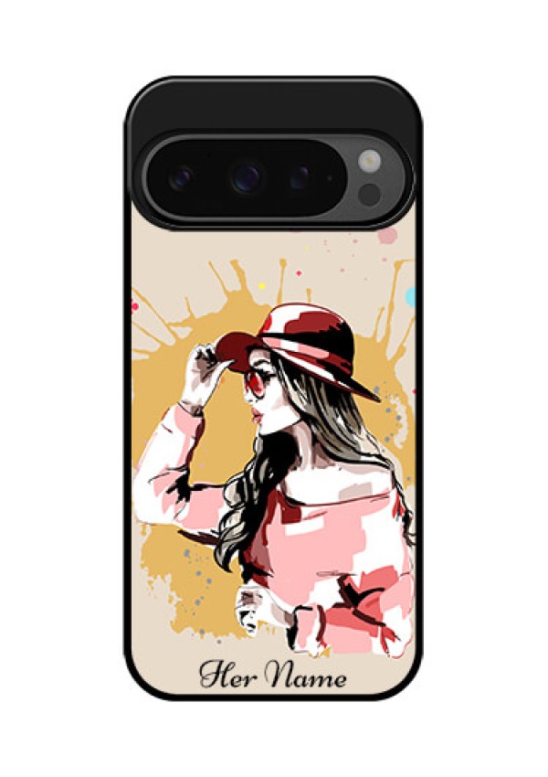 Google Pixel 9 Pro 5G Custom Glass Phone Case - Women With Pink Hat Design