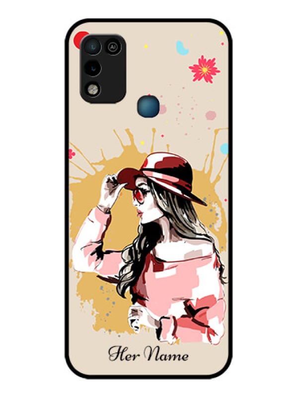 Custom Infinix Hot 10 Play Photo Printing on Glass Case - Women with pink hat Design
