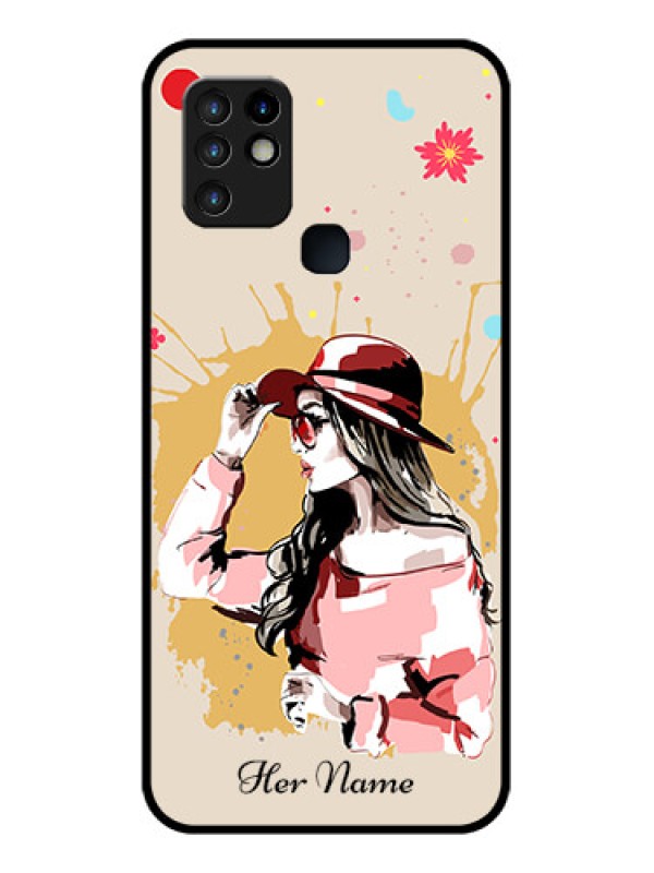 Custom Infinix Hot 10 Photo Printing on Glass Case - Women with pink hat Design