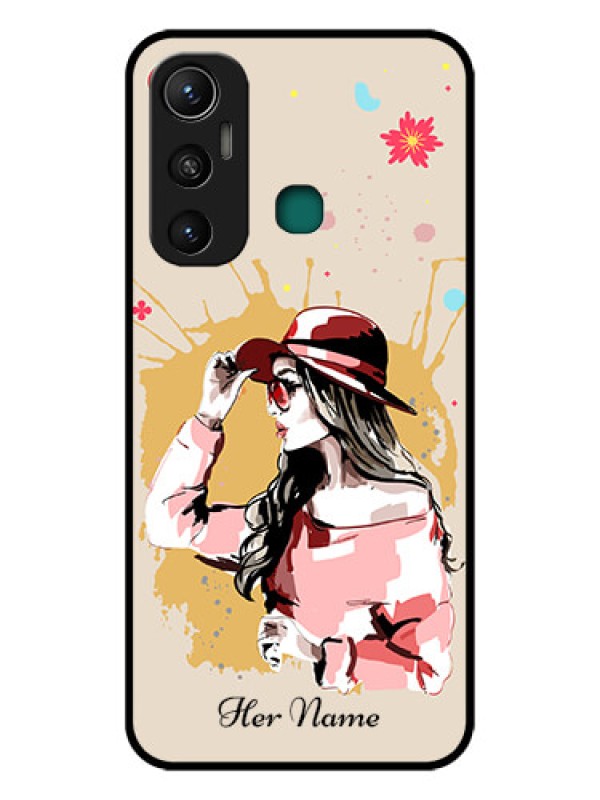 Custom Infinix Hot 11 Photo Printing on Glass Case - Women with pink hat Design