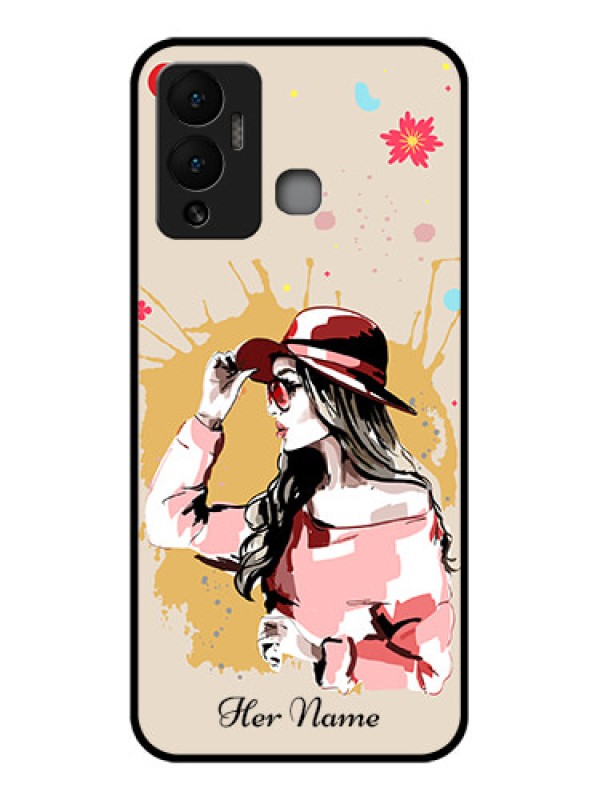 Custom Infinix Hot 12 Play Photo Printing on Glass Case - Women with pink hat Design