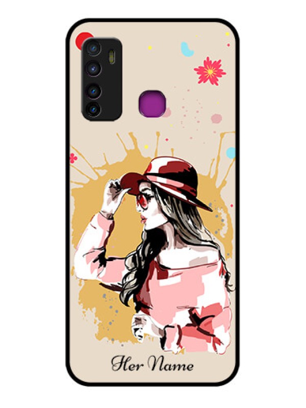 Custom Infinix Hot 9 Custom Glass Phone Case - Women With Pink Hat Design
