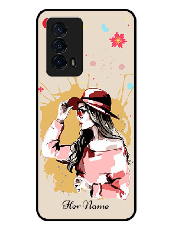 Custom iQOO Z5 5G Photo Printing on Glass Case - Women with pink hat Design