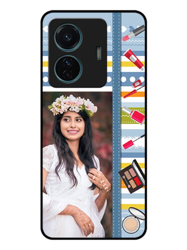 Custom iQOO Z6 Pro 5G Personalized Glass Phone Case - Makeup Icons Design