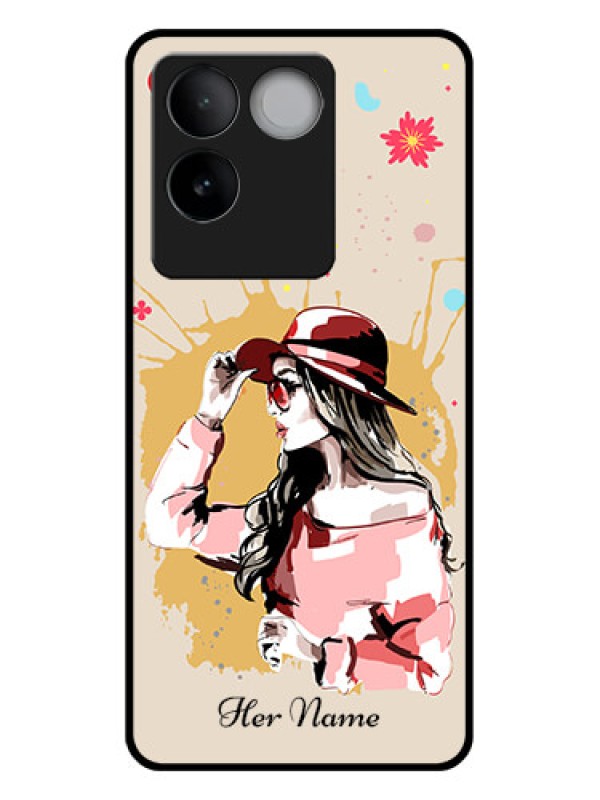 Custom iQOO Z7 Pro 5G Custom Glass Phone Case - Women With Pink Hat Design